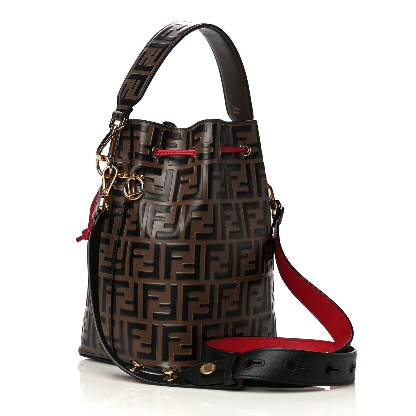 Vitello Grace F is Fendi Bi-Color FF 1974 Embossed Grande Mon Tresor Bucket Bag Maya Black Fragola