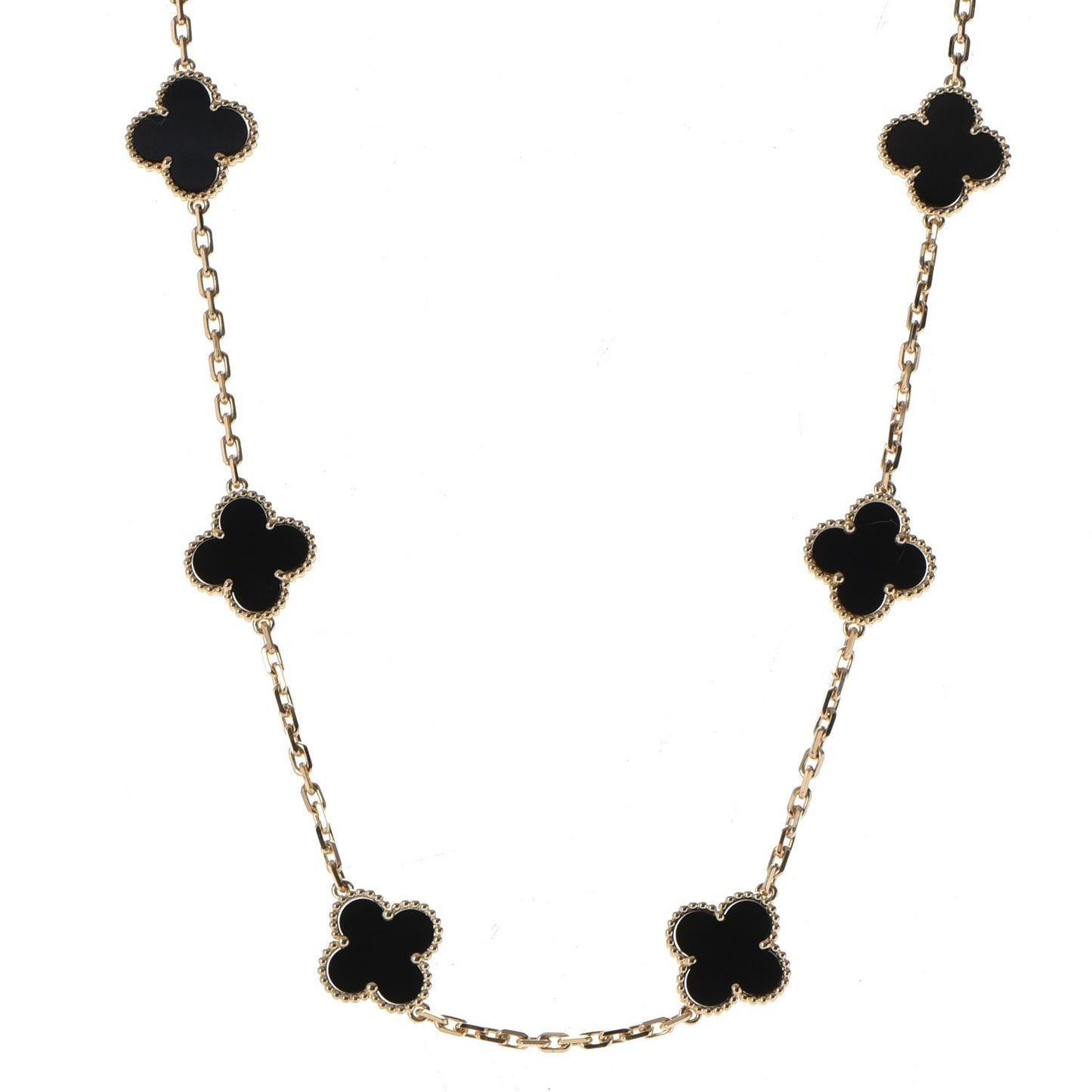 18K Yellow Gold Black Onyx 10 Motifs Vintage Alhambra Necklace