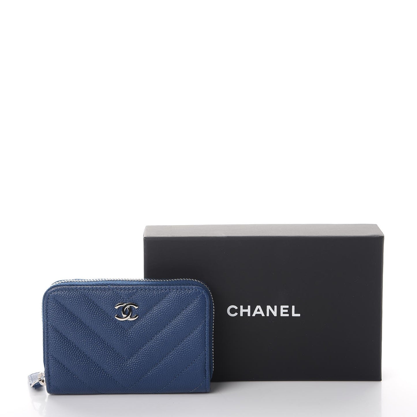 Caviar Chevron Quilted Zip Coin Purse Navy