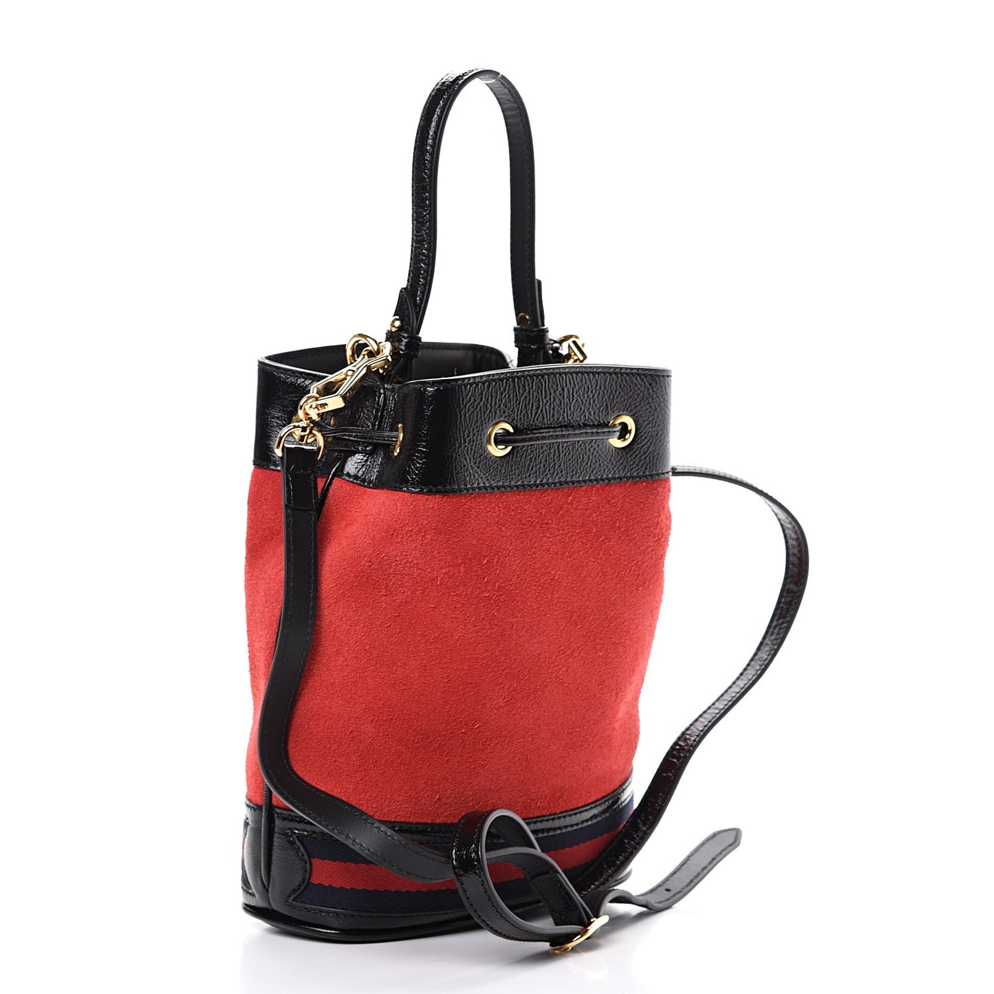 Suede Patent Web Small Ophidia Bucket Bag Hibiscus Red Black