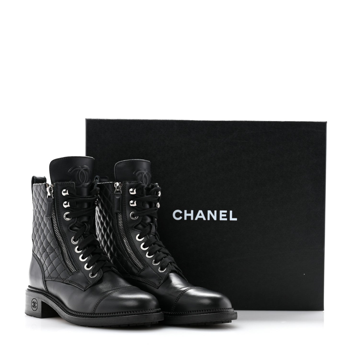 Calfskin Quilted Lace Up Combat Boots 38 Black