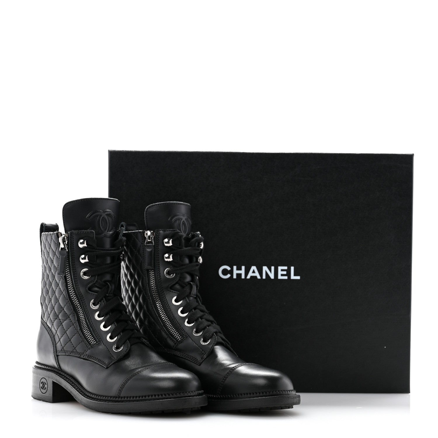 Chanel Calfskin Quilted Lace Up Combat Boots 38 Black 13 of 13