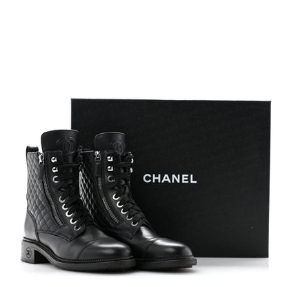 Chanel Calfskin Quilted Lace Up Combat Boots 38 Black 13 of 13