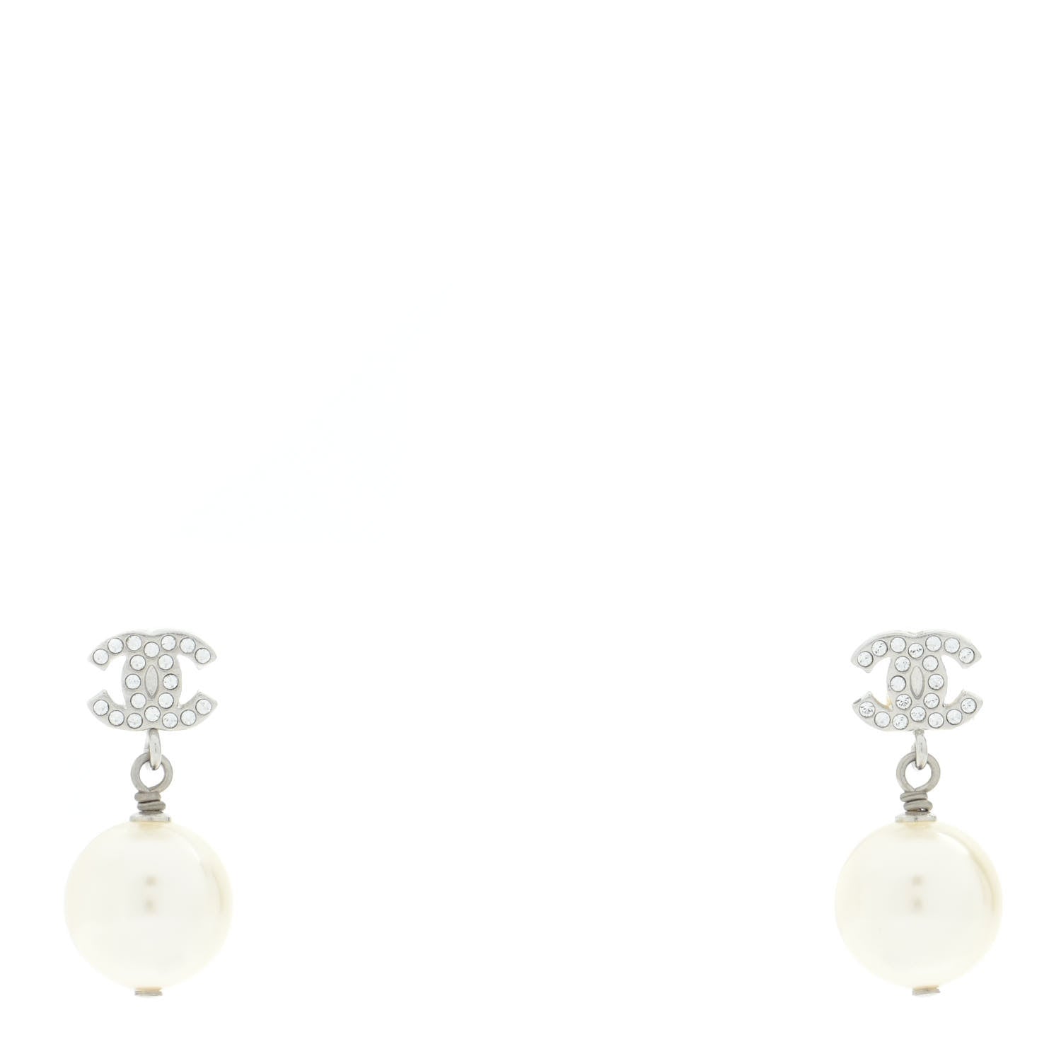Chanel Crystal Pearl CC Drop Earrings Silver 1 of 5