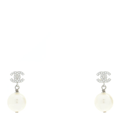 Chanel Crystal Pearl CC Drop Earrings Silver 1 of 5