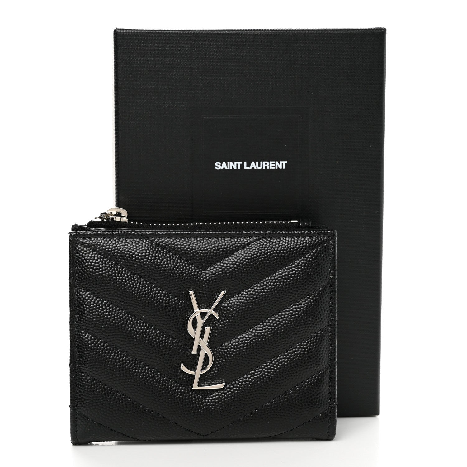 Saint Laurent Grain De Poudre Matelasse Chevron Monogram Zipped Card Case Black 9 of 9