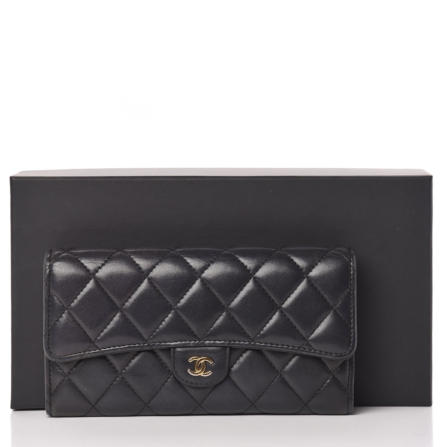 Lambskin Quilted Large Gusset Flap Wallet Black