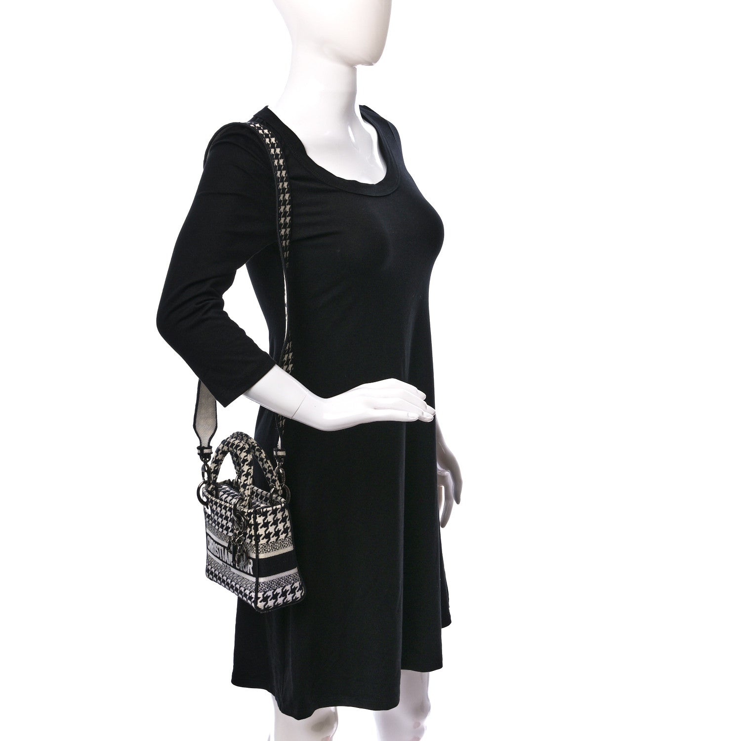 Christian Dior Canvas Houndstooth Embroidered Mini Lady D-Lite Black White 2 of 9