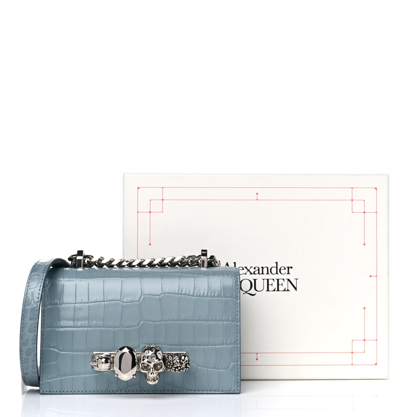 Shiny Crocodile Embossed Jeweled Satchel Blue Grey