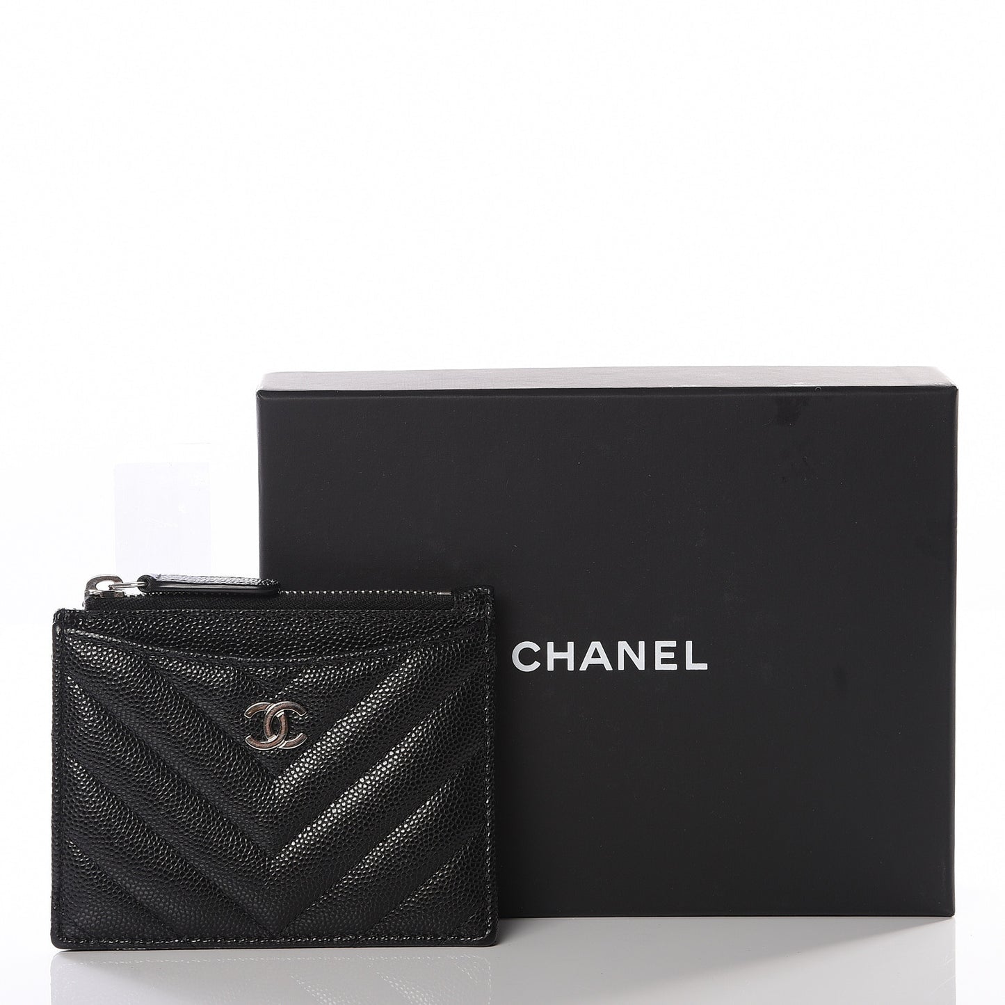 Caviar Chevron Quilted CC Zip Card Holder Black
