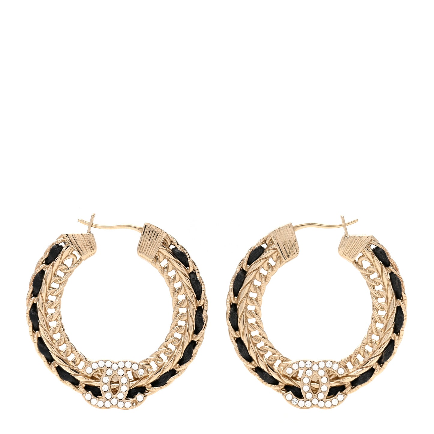 Crystal Lambskin CC Chain Hoop Earrings Gold Black