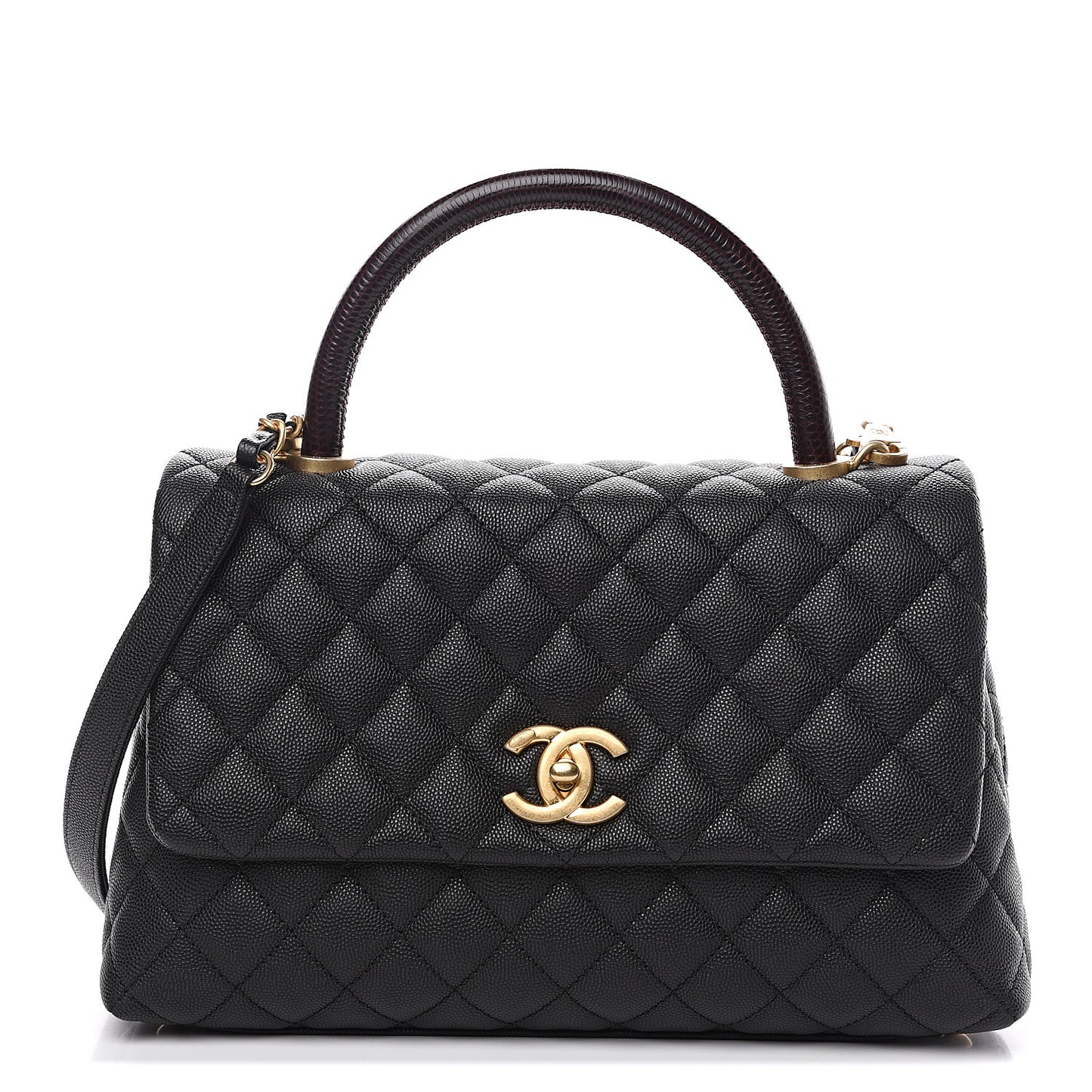 Caviar Lizard Embossed Quilted Small Coco Handle Flap Black
