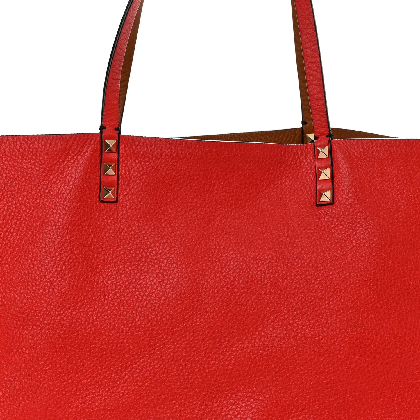 Grained Calfskin Medium Rockstud Reversible Tote Tan Red