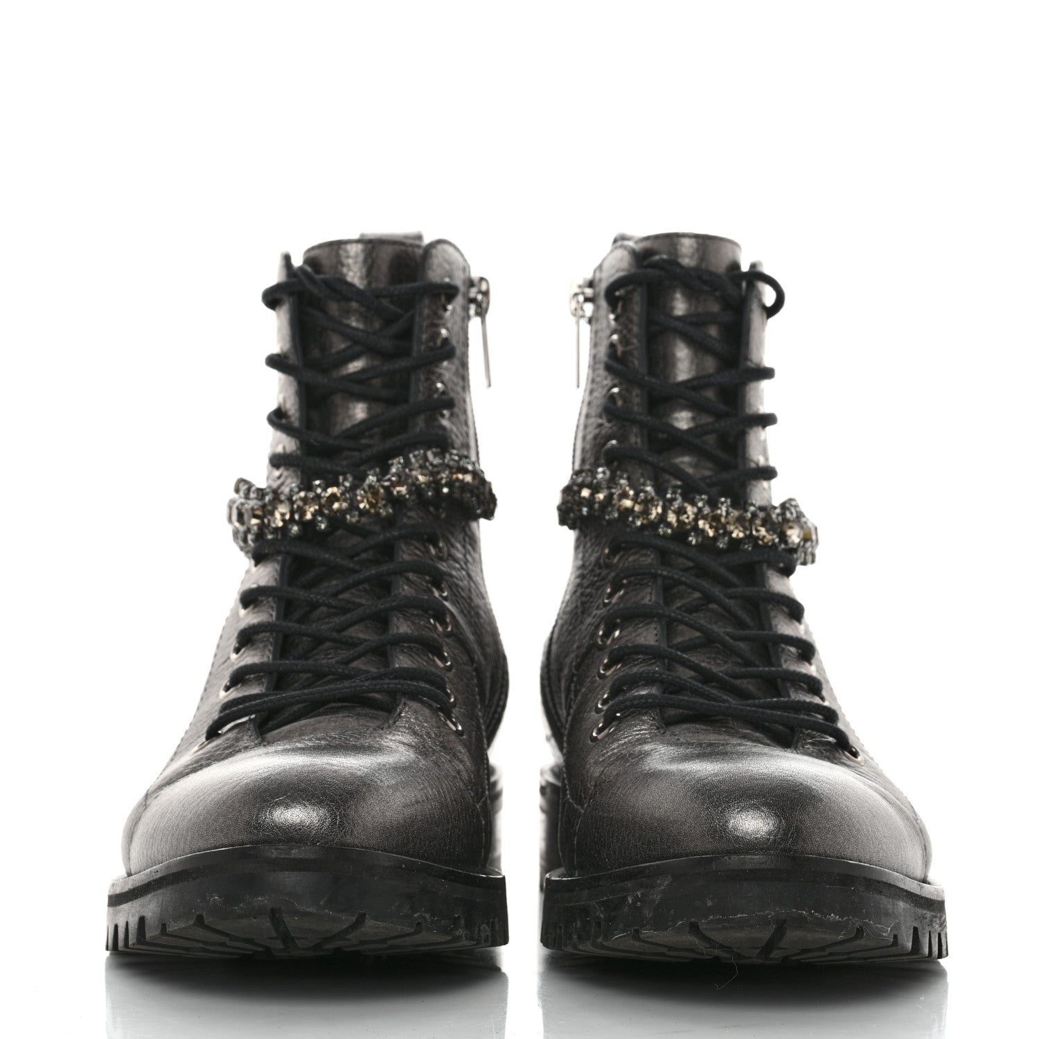 Jimmy Choo Metallic Grained Goatskin Pearl Crystal Embellished Cruz Combat Boots 37 Grey 2 of 11