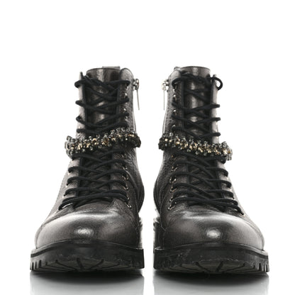Jimmy Choo Metallic Grained Goatskin Pearl Crystal Embellished Cruz Combat Boots 37 Grey 2 of 11