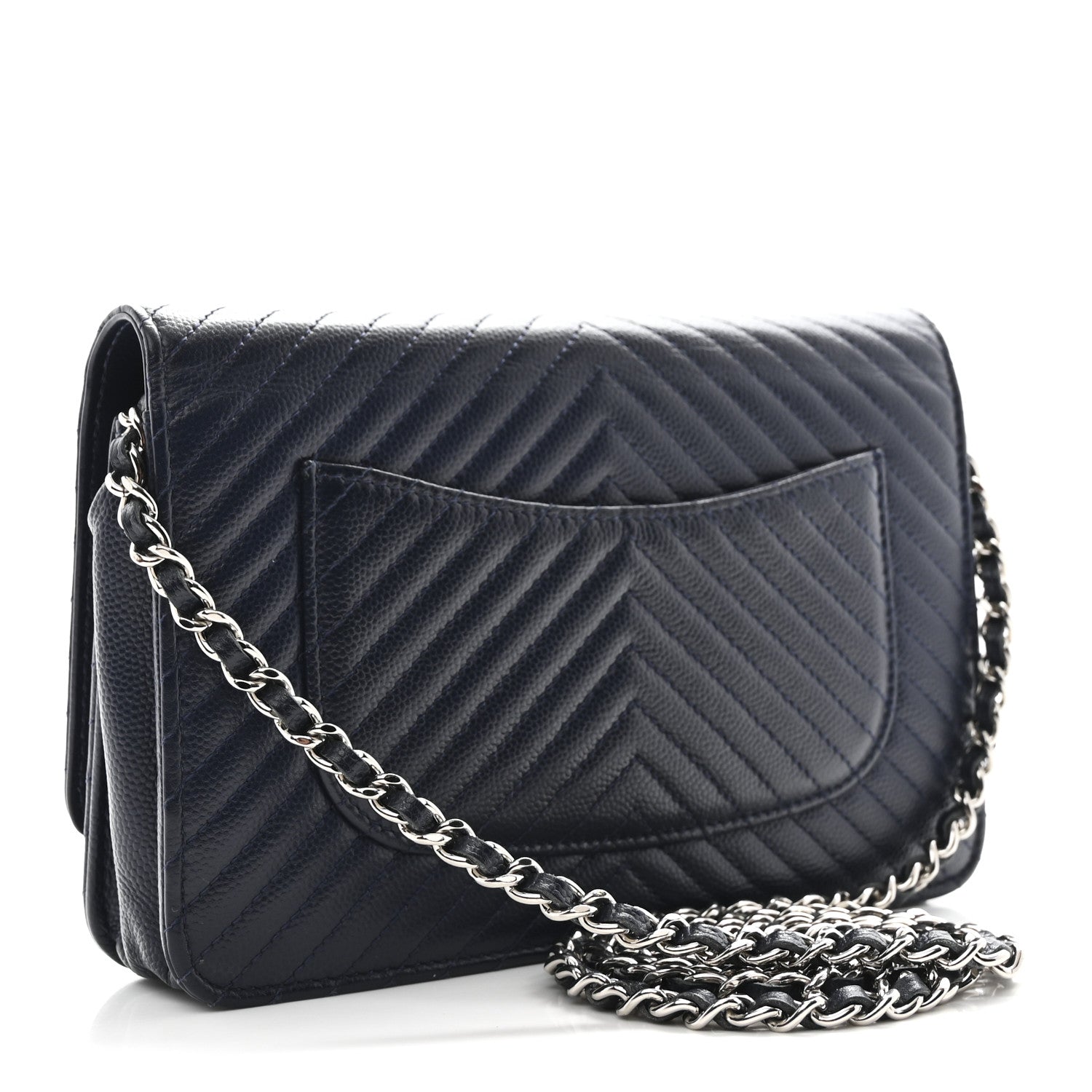 Chanel Caviar Chevron Quilted Wallet On Chain WOC Navy 3 of 12