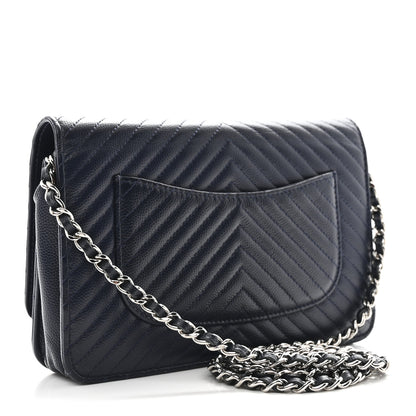 Chanel Caviar Chevron Quilted Wallet On Chain WOC Navy 3 of 12