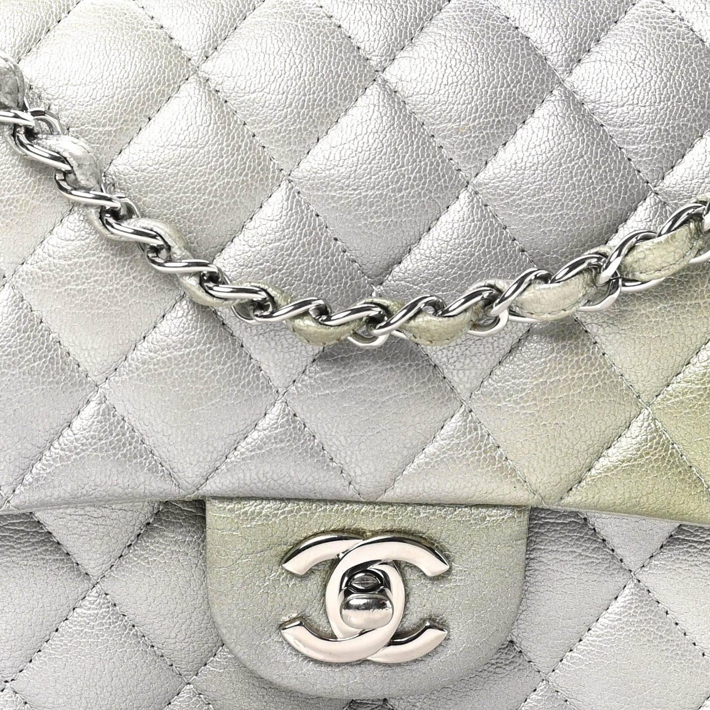 Metallic Goatskin Quilted Ombre Medium Double Flap Grey Green