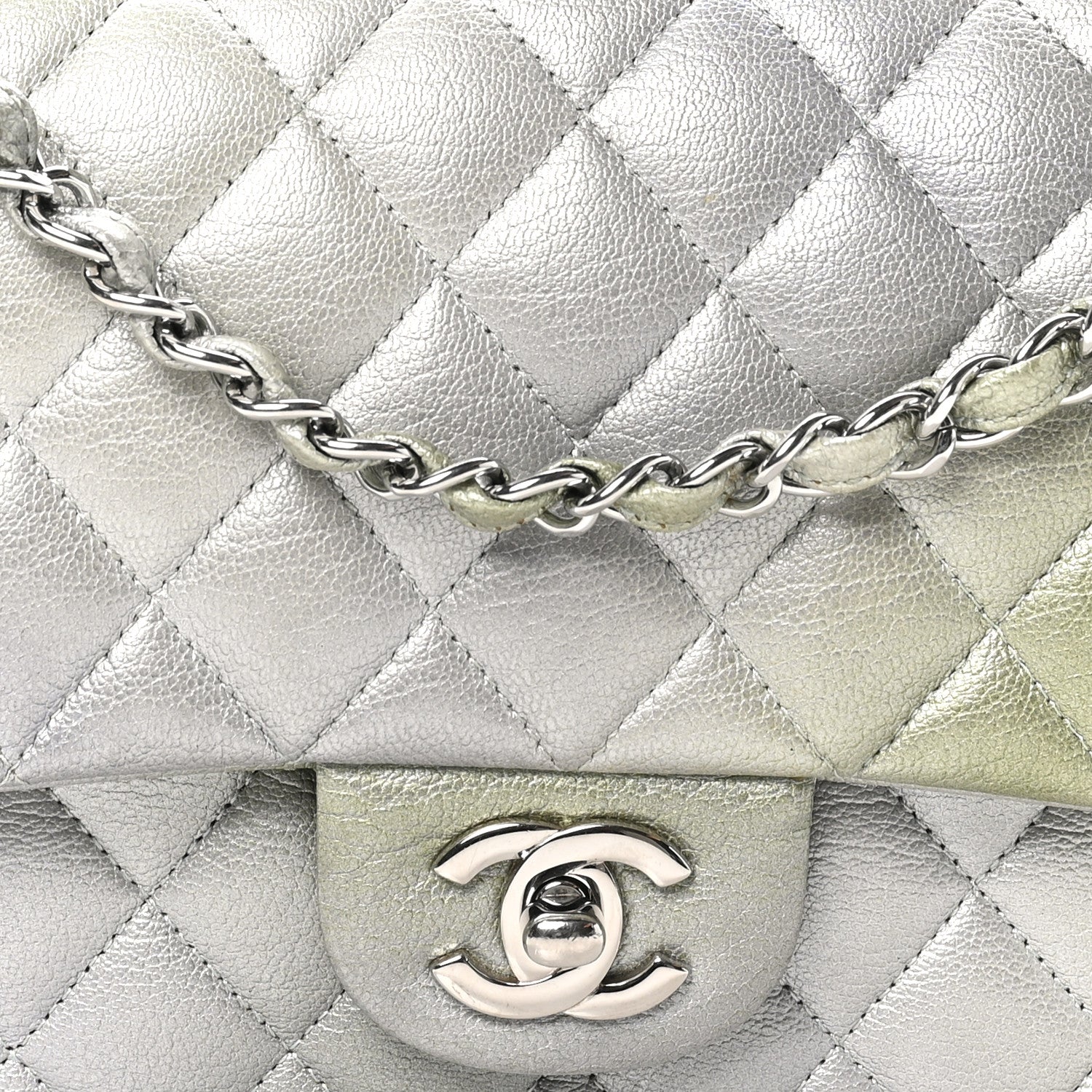 Chanel Metallic Goatskin Quilted Ombre Medium Double Flap Grey Green 8 of 10