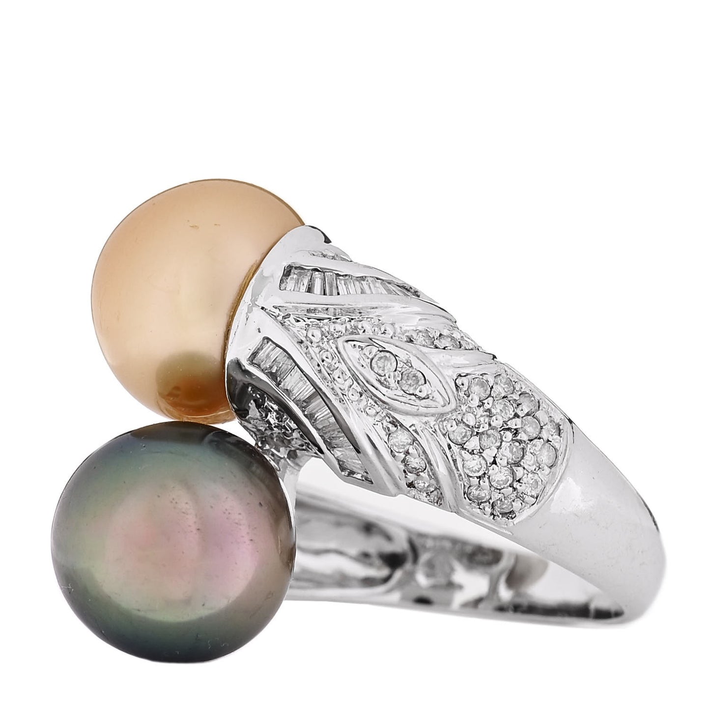 14K White Gold Diamond Gold Black Cultured Pearl .45ctw Bypass Ring 56 7.5