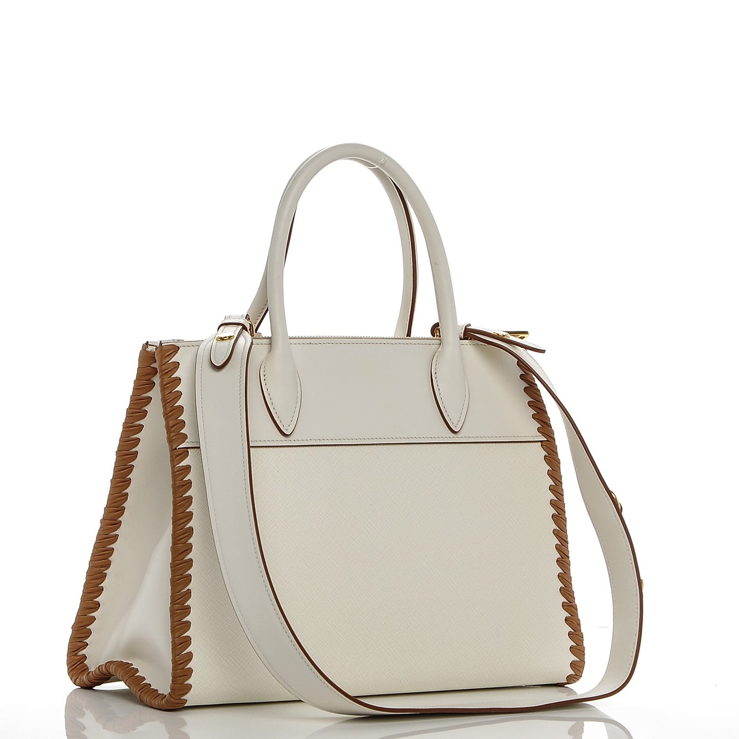 Saffiano Whipstitch Medium Paradigme Bag White Caramel