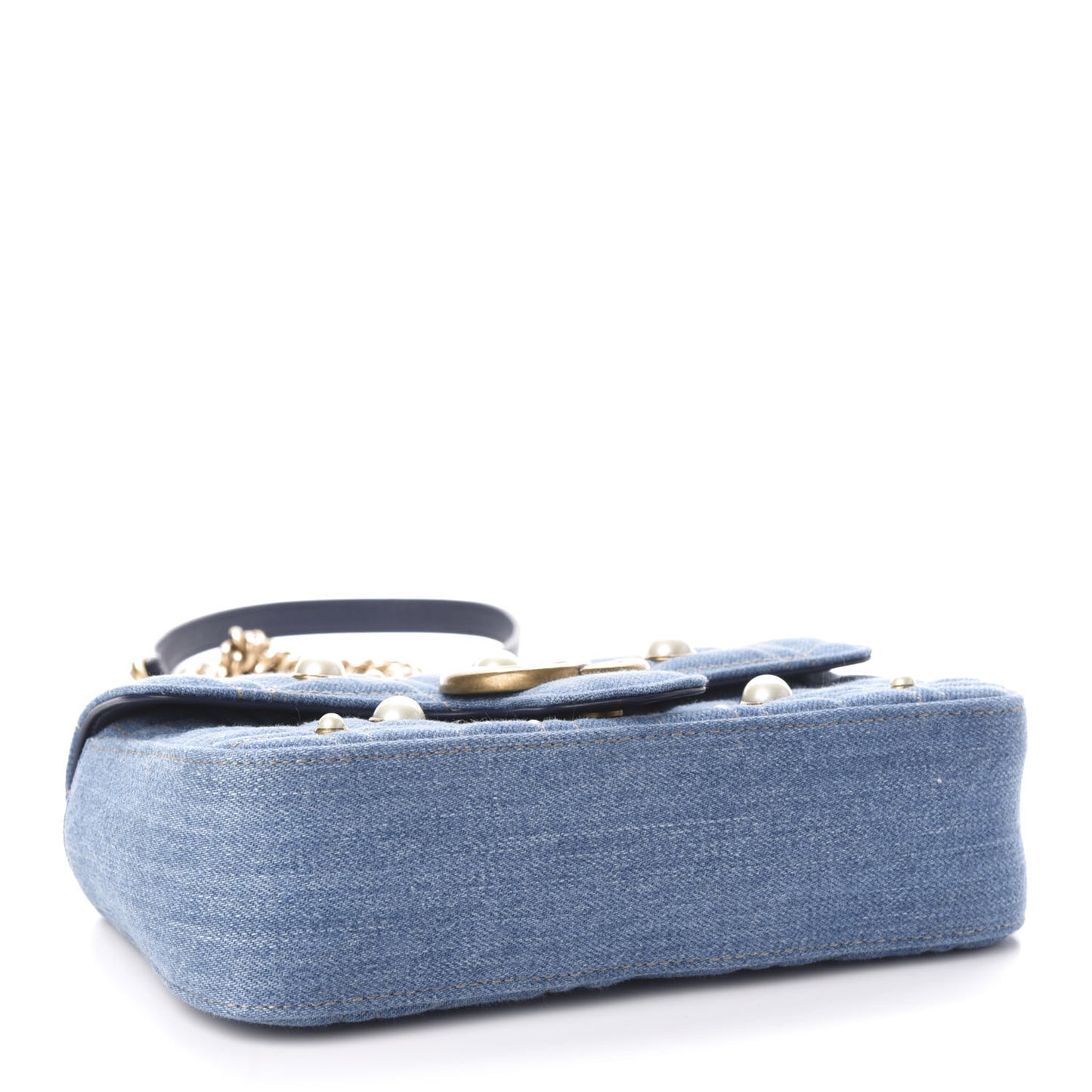 Denim Matelasse Pearl Studded Mini GG Marmont Shoulder Bag Blue