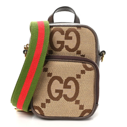 Gucci Monogram Jumbo GG Textured Dollar Calfskin Web Shoulder Bag Camel Ebony New Acero 1 of 12