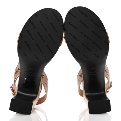 Balenciaga Smooth Calfskin Allover Logo Ankle Strap Round Heel 80mm Sandals 38.5 Beige Black 7 of 10