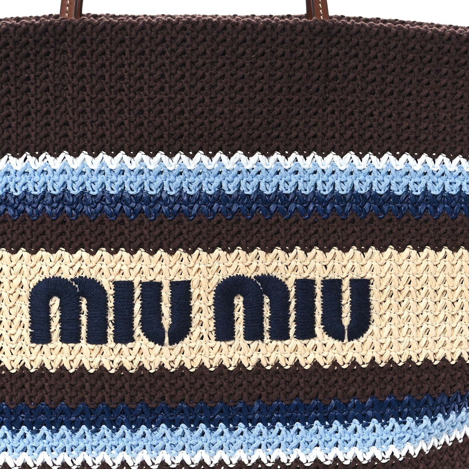 Miu Miu Raffia Effect Crochet Large Woven Tote Cocoa Brown Celeste