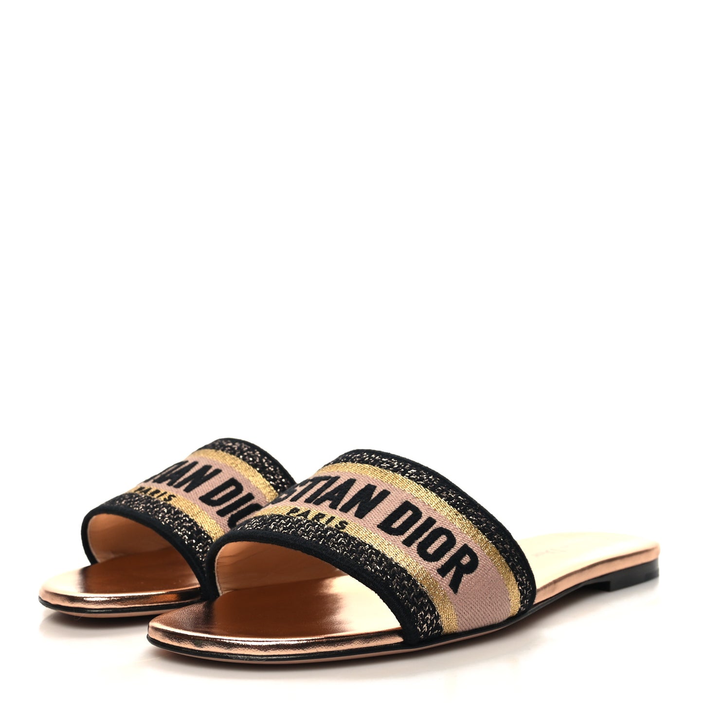 Canvas Lurex Embroidered Dway Flat Slide Sandals 40.5 Black Gold