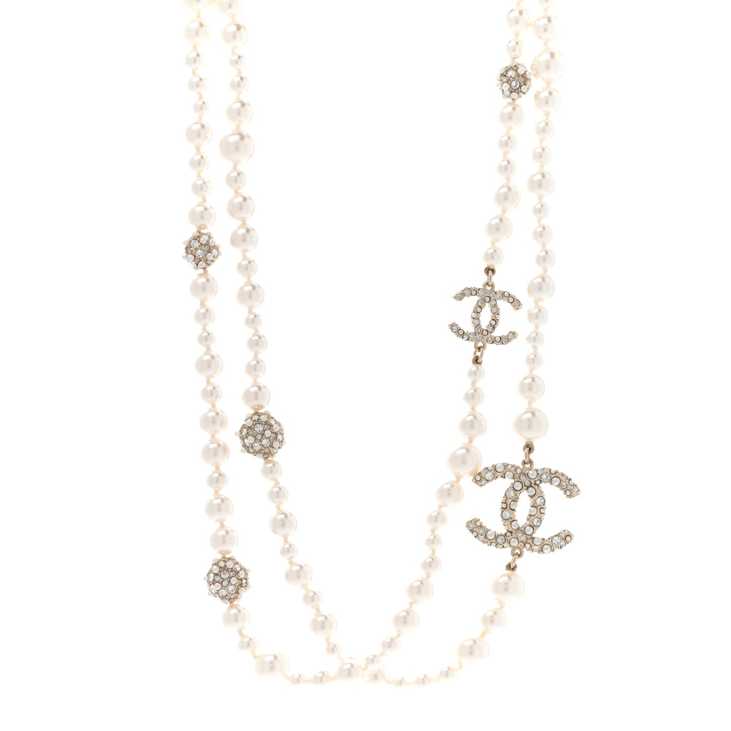 Pearl Crystal CC Cluster Long Necklace Gold
