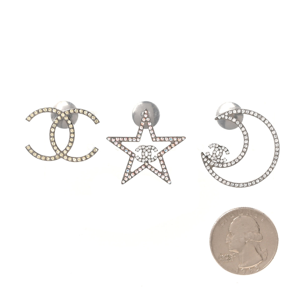 Crystal CC Moon Star Pin Brooch Set Silver