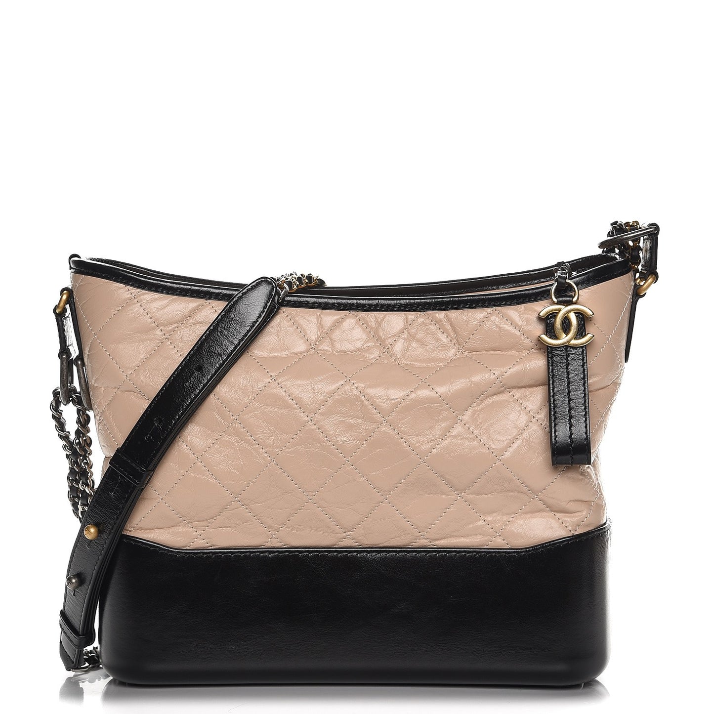 Aged Calfskin Quilted Medium Gabrielle Hobo Beige Black