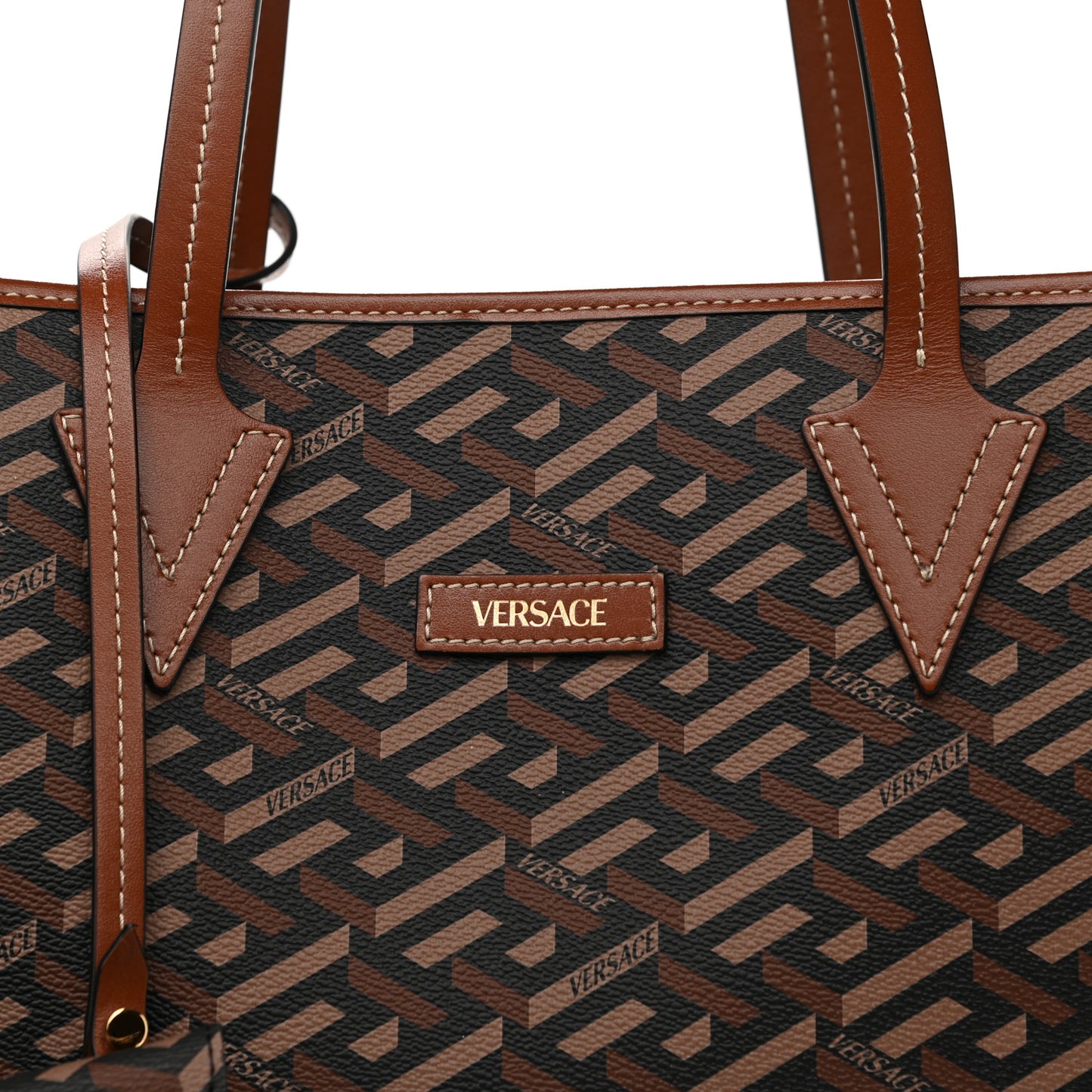 Coated Canvas Calfskin La Greca Signature Shopper Tote Bag Black Caramel