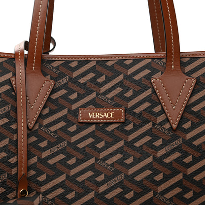 Versace Coated Canvas Calfskin La Greca Signature Shopper Tote Bag Black Caramel 8 of 10