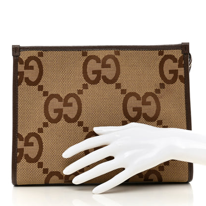 Gucci Monogram Jumbo GG Textured Dollar Calfskin Pouch Camel Ebony New Acero 2 of 6