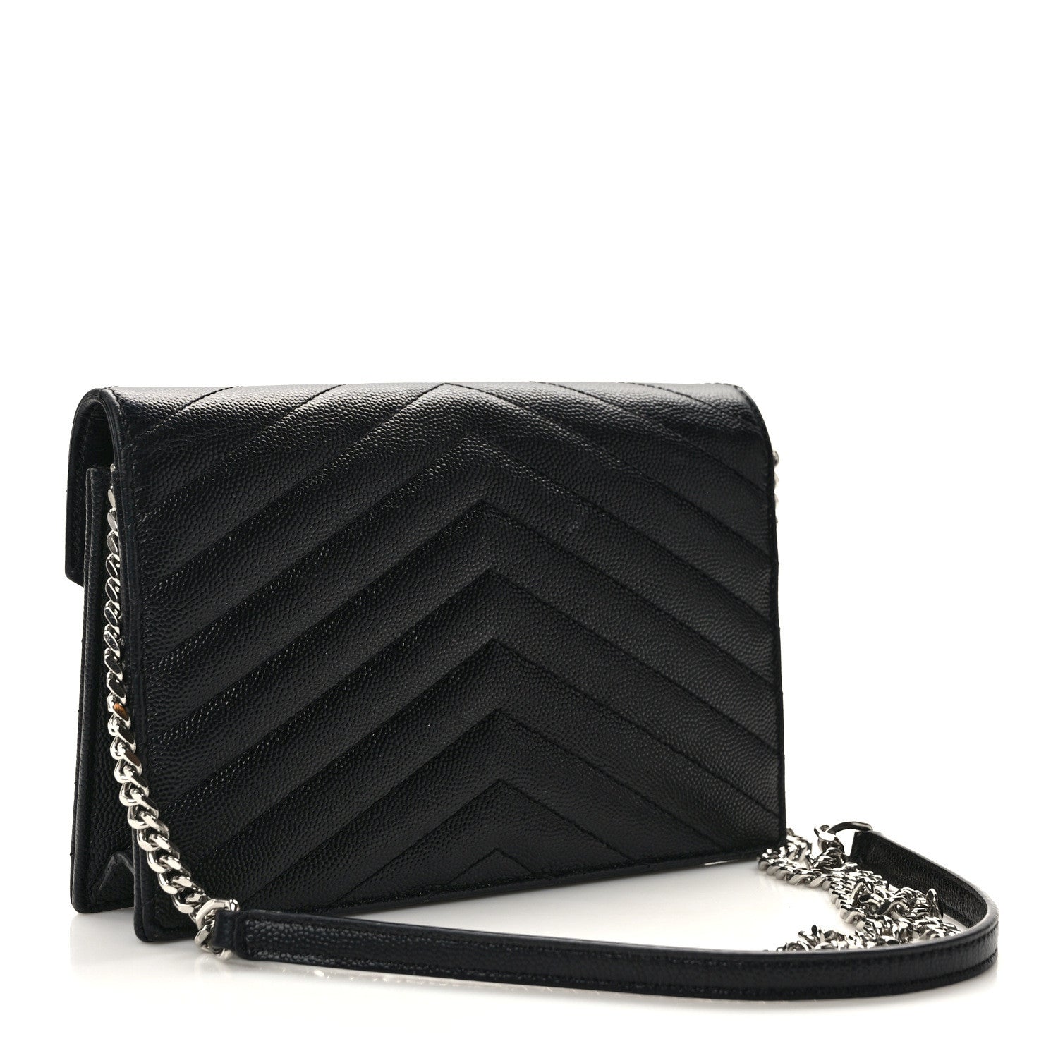 Saint Laurent Grain De Poudre Matelasse Chevron Monogram Envelope Chain Wallet Black 3 of 15