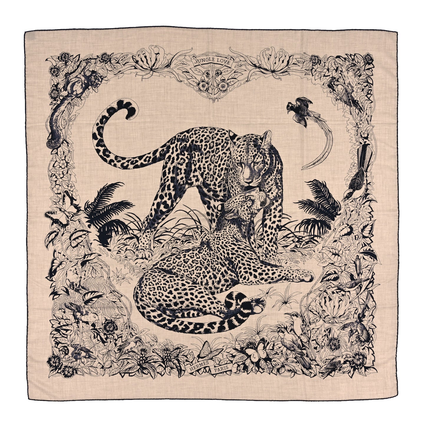 Cashmere Silk Jungle Love Tattoo Shawl 140 Natural Bleu Black