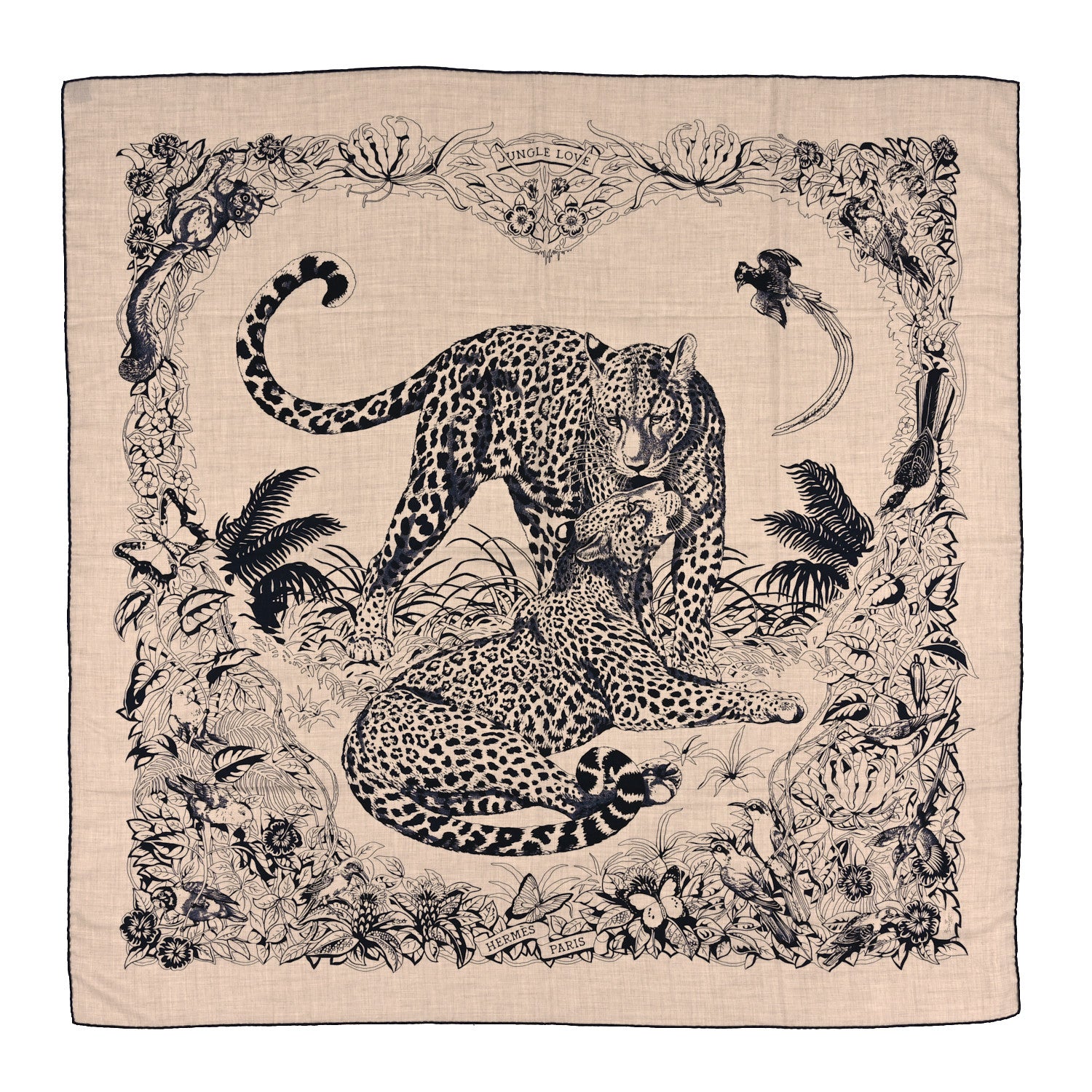 Hermes Cashmere Silk Jungle Love Tattoo Shawl 140 Natural Bleu Black 1 of 3