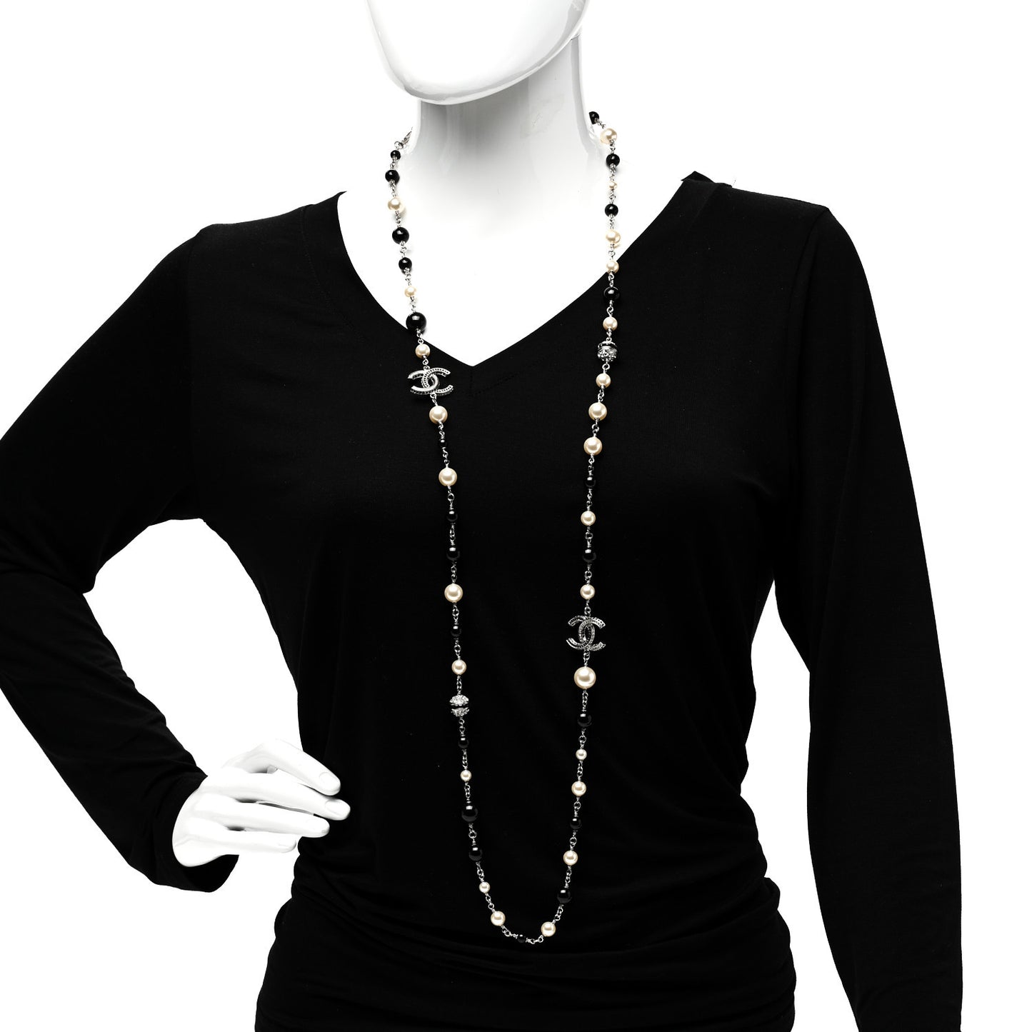Metal Pearl Crystal Bead CC Long Necklace Silver Black