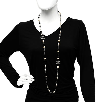 Chanel Metal Pearl Crystal Bead CC Long Necklace Silver Black 1 of 6