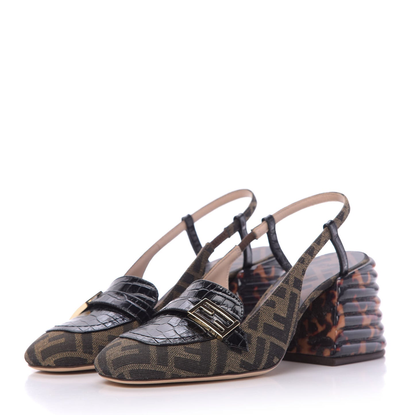 Jacquard Calfskin FF Tortoise Promenade Slingback Loafer Pumps 37.5 Tobacco