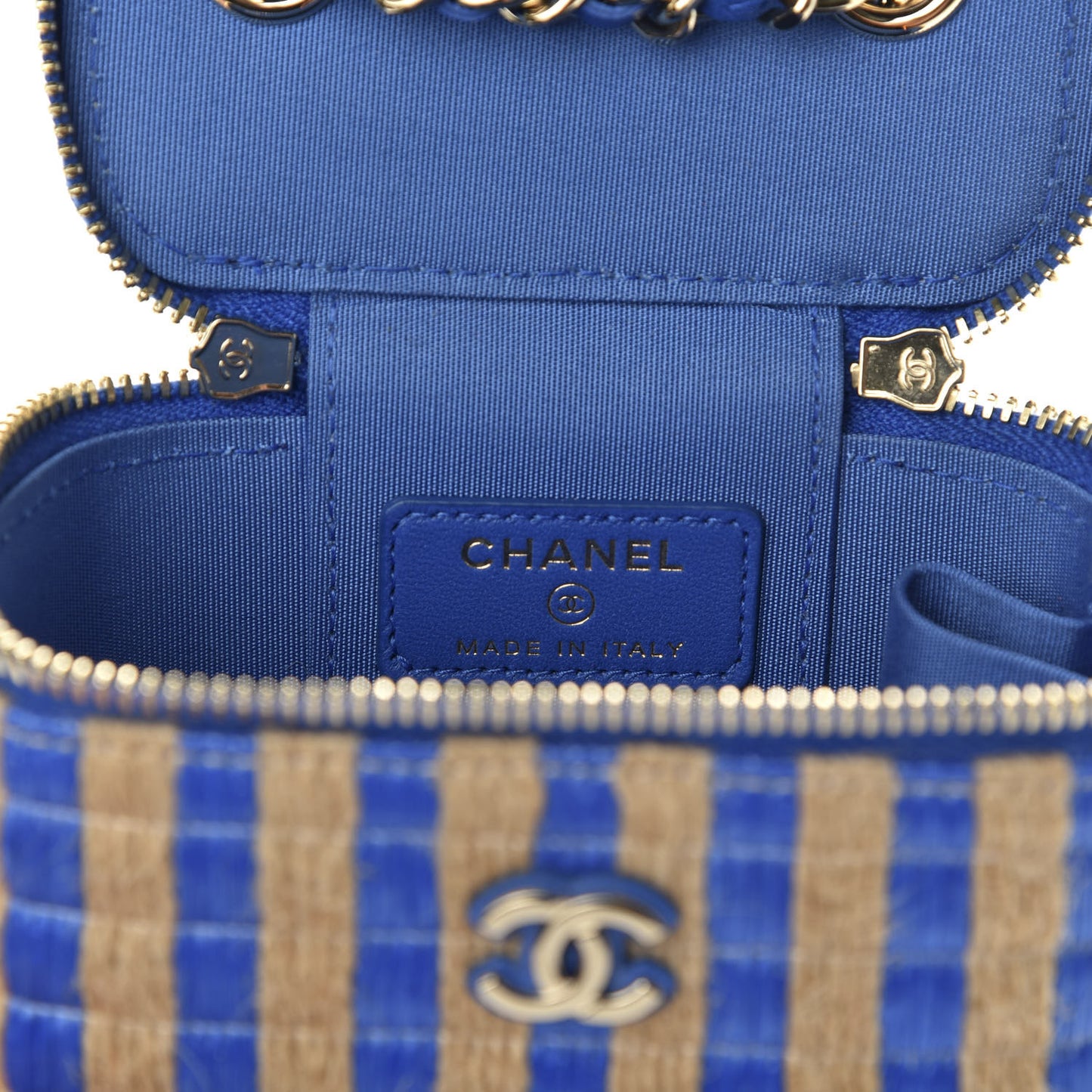 Raffia Jute Striped Mini Vanity Case With Chain Blue Beige
