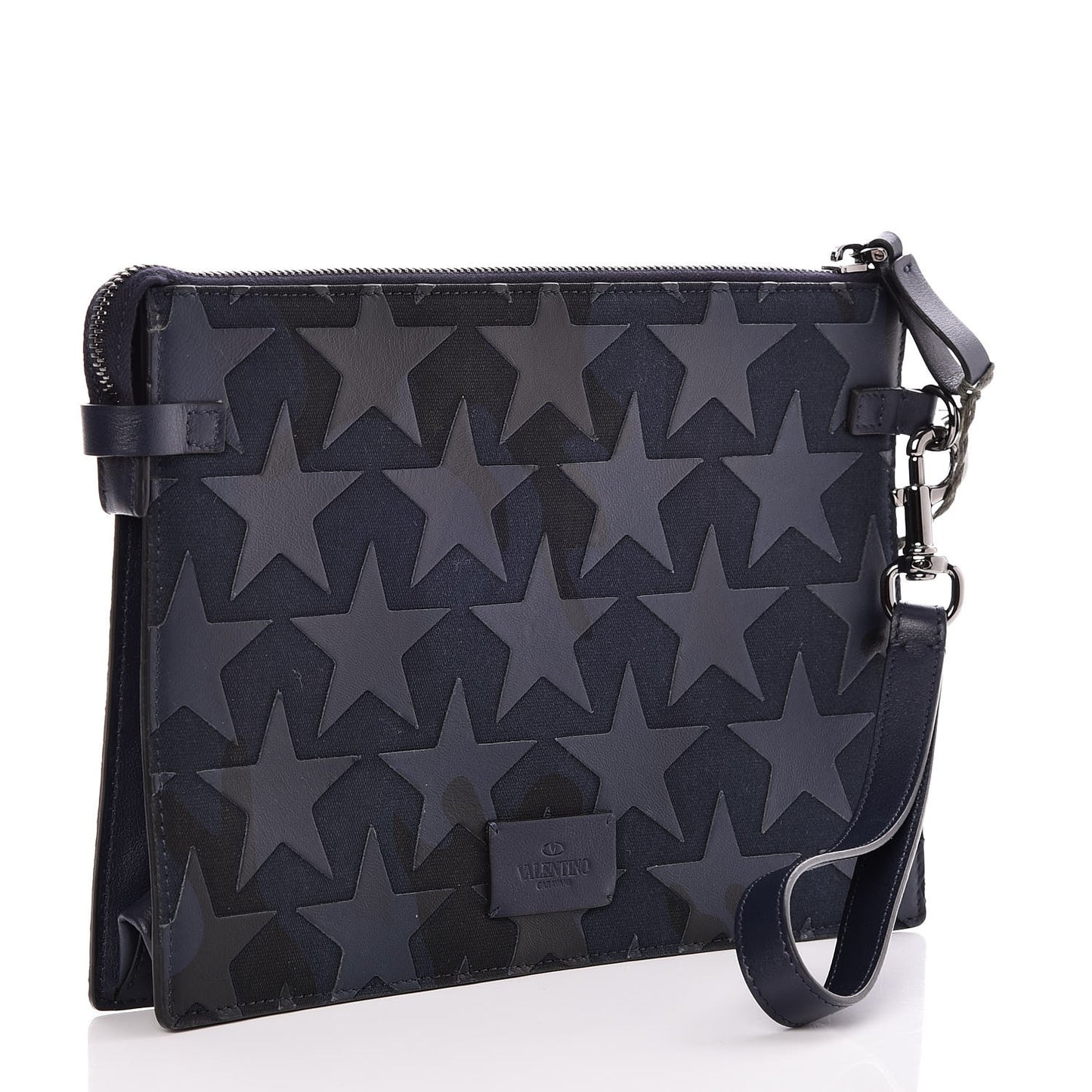 Canvas Leather Applique Camustars Zip Wristlet Pouch Blue