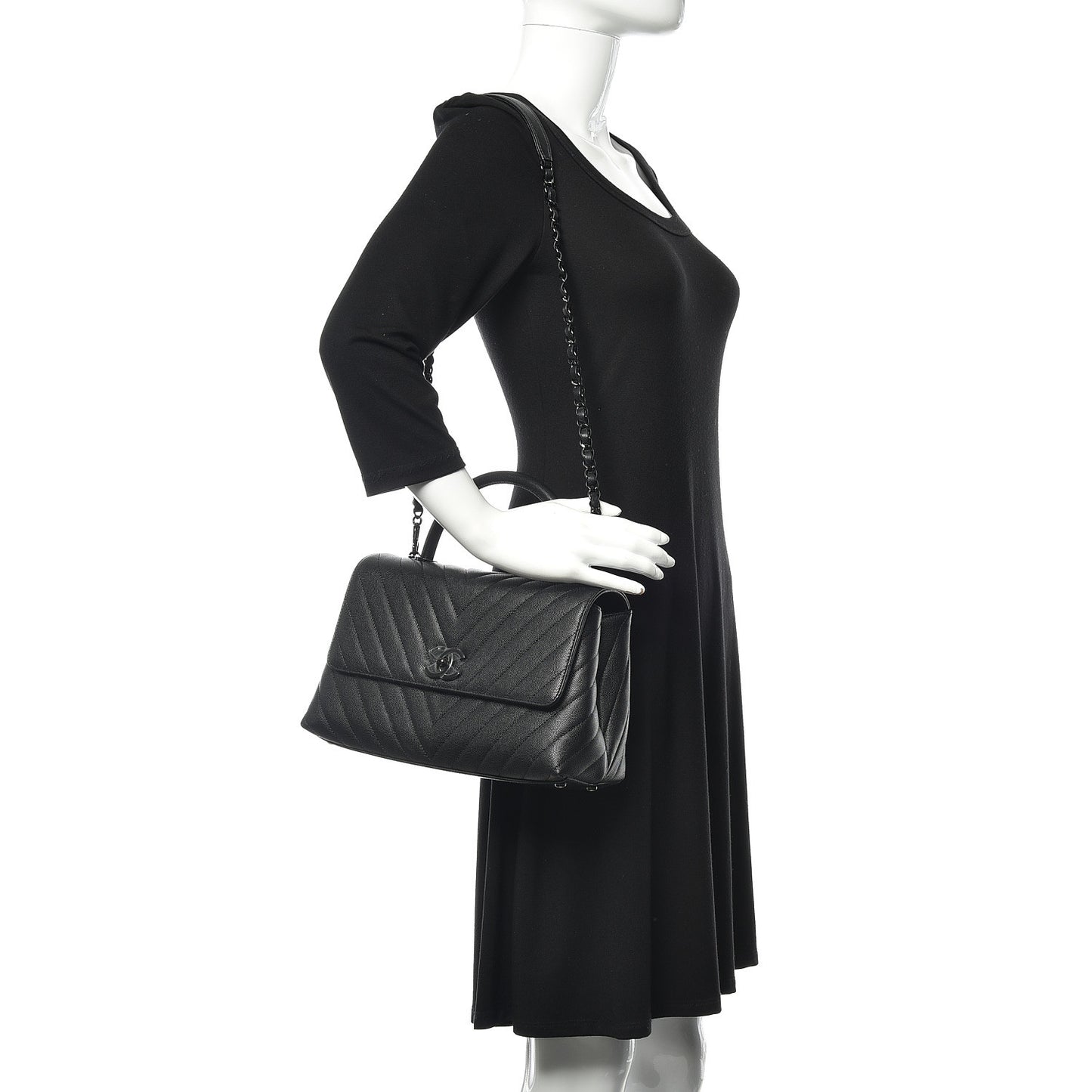Caviar Chevron Quilted Small Coco Handle Flap Black