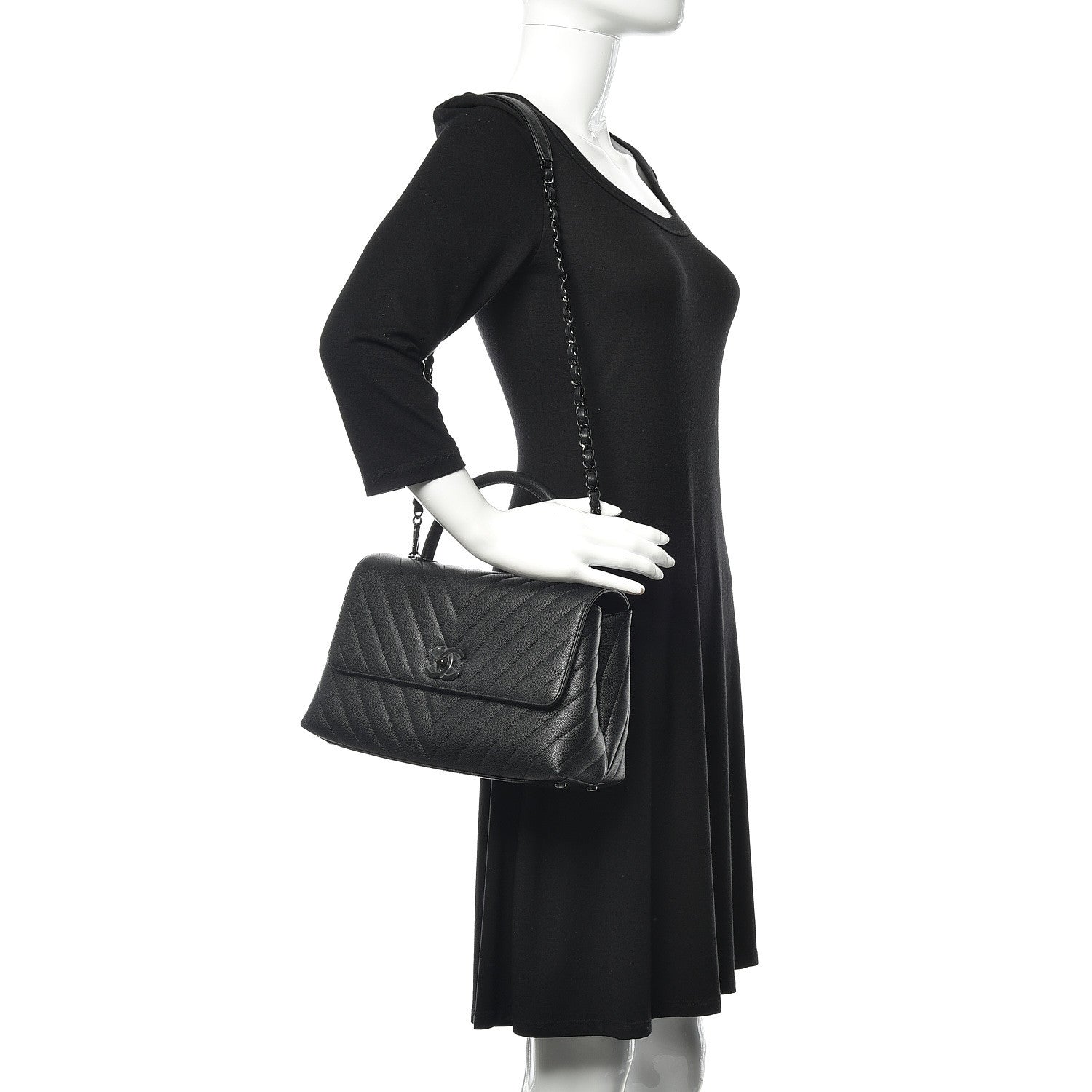 Chanel Caviar Chevron Quilted Small Coco Handle Flap Black 2 of 11