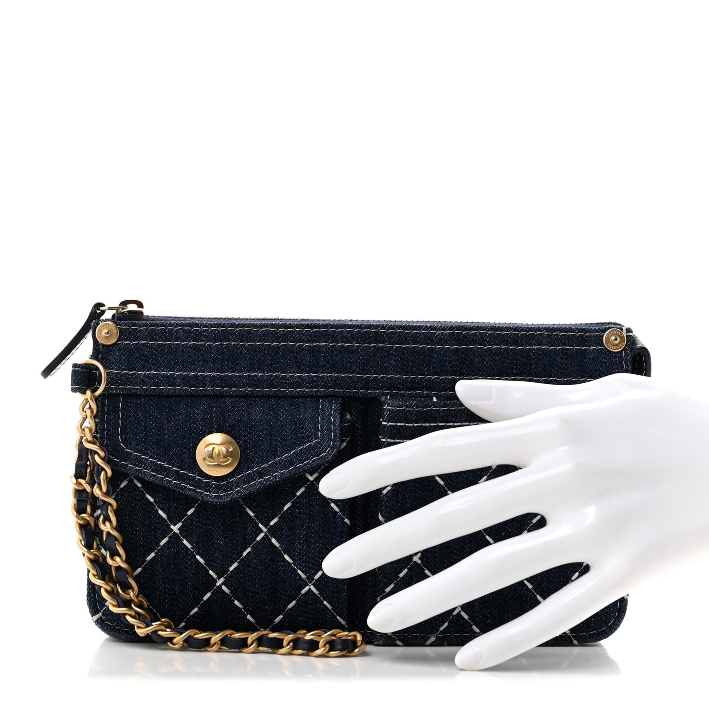 Denim Quilted Zipped Wristlet Clutch Blue
