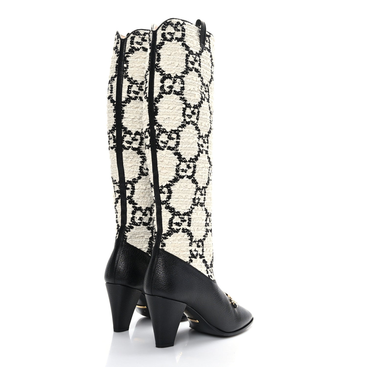 Gucci Tweed GG Monogram Wrinkled Kid Zumi Knee Boots 38 Natural Black 4 of 7