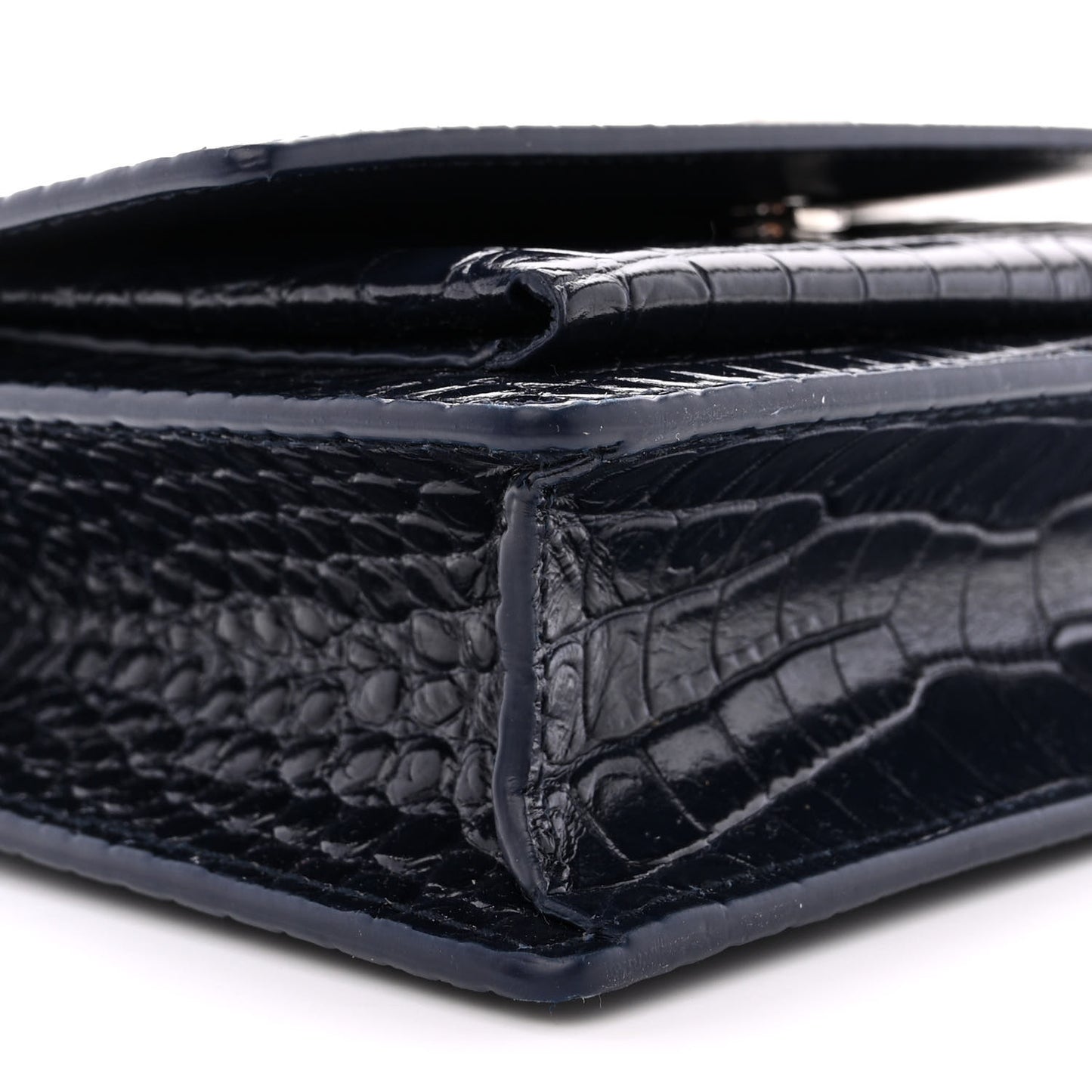 Calfskin Crocodile Embossed Monogram Sunset Chain Wallet Navy