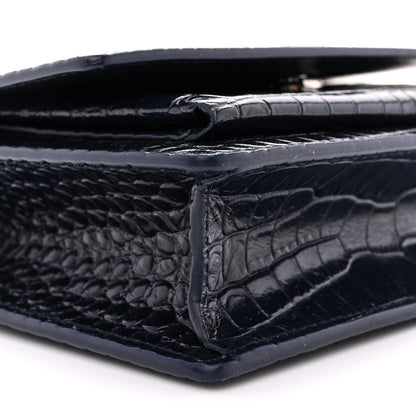 Saint Laurent Calfskin Crocodile Embossed Monogram Sunset Chain Wallet Navy 8 of 11